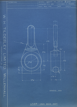 Crossley Motors LTD 92224 Lever - Cross Brake Shaft WH Tildesley Forging Technical Drawing