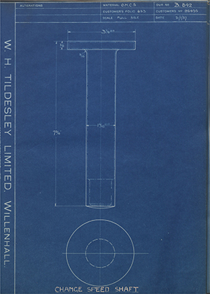 Crossley Motors LTD 92435 Change Speed Shaft WH Tildesley Forging Technical Drawing