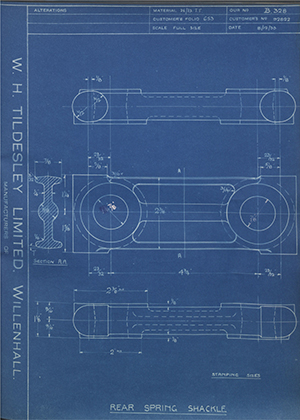 Crossley Motors LTD 92822 Rear Spring Shackle WH Tildesley Forging Technical Drawing