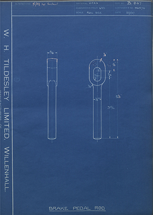 Crossley Motors LTD 96574 Brake Pedal Rod WH Tildesley Forging Technical Drawing