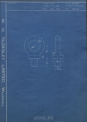 Crossley Motors LTD FV176252 Lifting Eye WH Tildesley Forging Technical Drawing