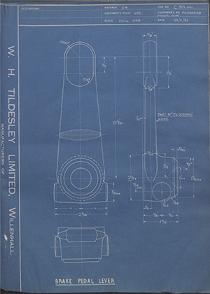 Crossley Motors LTD FV205940 Brake Pedal Lever WH Tildesley Forging Technical Drawing