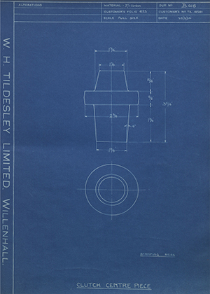 Crossley Motors LTD TR.18581 Clutch Centre Piece WH Tildesley Forging Technical Drawing