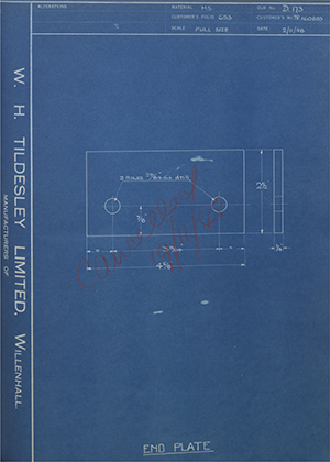 Crossley Motors LTD TR160883 End Plate WH Tildesley Forging Technical Drawing