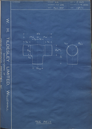 Crossley Motors LTD TR28014 Tee Piece WH Tildesley Forging Technical Drawing