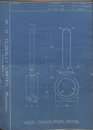 Crossley Motors LTD TR28441 Lever - Trailer Brake Control WH Tildesley Forging Technical Drawing