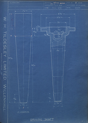 Crossley Motors LTD TR41823 Driving Shaft WH Tildesley Forging Technical Drawing