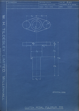 Crossley Motors LTD TR80288 Clutch Pedal Fulcrum Pin WH Tildesley Forging Technical Drawing