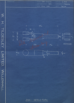 Crossley Motors LTD TR86502 Jaw - Servo Fork WH Tildesley Forging Technical Drawing