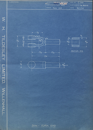 Crossley Motors LTD TR86503 Jaw - Fork End WH Tildesley Forging Technical Drawing