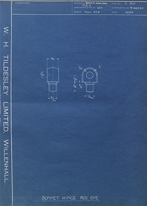 Crossley Motors LTD TR86525 Bonnet Hinge Rod Eye WH Tildesley Forging Technical Drawing