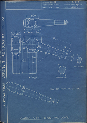 Crossley Motors LTD TR87920 Change Speed Operating Lever WH Tildesley Forging Technical Drawing