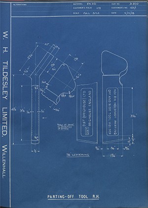 D.P Plews LTD - Denford Small Tools LTD 152/1 Parting off Tool - RH WH Tildesley Forging Technical Drawing