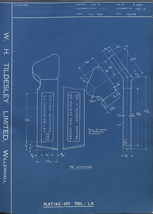 D.P Plews LTD - Denford Small Tools LTD 153/1LH Parting off Tool - LH WH Tildesley Forging Technical Drawing