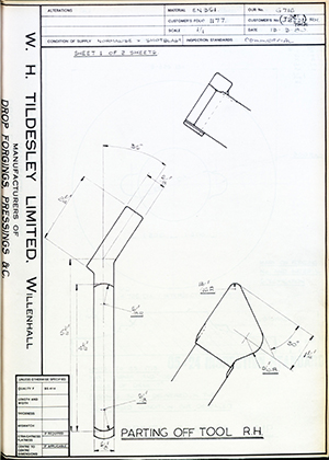 D.P Plews LTD - Denford Small Tools LTD J2231RH / TH131RH Parting off Tool - RH WH Tildesley Forging Technical Drawing