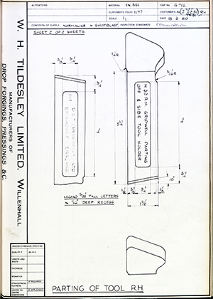 D.P Plews LTD - Denford Small Tools LTD J2231RH / TH131RH Parting off Tool - RH WH Tildesley Forging Technical Drawing