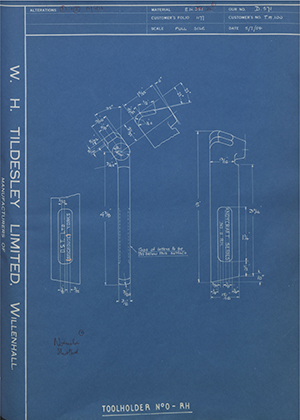 D.P Plews LTD - Denford Small Tools LTD TH100 Tool Holder No0 - RH WH Tildesley Forging Technical Drawing