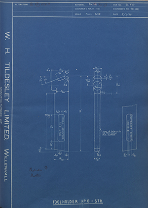 D.P Plews LTD - Denford Small Tools LTD TH102 Tool Holder No0 - Straight WH Tildesley Forging Technical Drawing