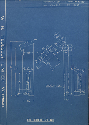 D.P Plews LTD - Denford Small Tools LTD TH109 Tool Holder No1 - RH WH Tildesley Forging Technical Drawing