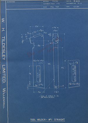 D.P Plews LTD - Denford Small Tools LTD TH111 Tool Holder No1 - Straight WH Tildesley Forging Technical Drawing