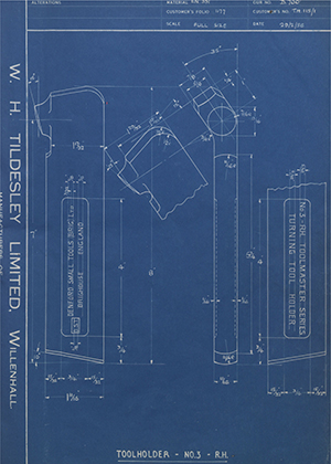 D.P Plews LTD - Denford Small Tools LTD TH115/1 Tool Holder No3 - RH WH Tildesley Forging Technical Drawing