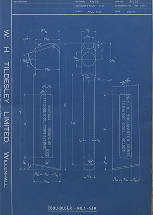 D.P Plews LTD - Denford Small Tools LTD TH117/1 Tool Holder No3 - Straight WH Tildesley Forging Technical Drawing