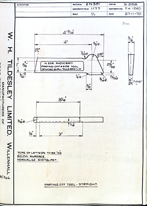 D.P Plews LTD - Denford Small Tools LTD TH126/1 Parting off Tool - Straight WH Tildesley Forging Technical Drawing