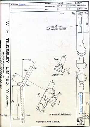 D.P Plews LTD - Denford Small Tools LTD TH128/1 Threading Tool Holder WH Tildesley Forging Technical Drawing