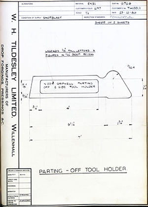 D.P Plews LTD - Denford Small Tools LTD TH133/1 Parting Off Tool Holder WH Tildesley Forging Technical Drawing