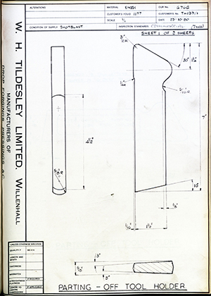 D.P Plews LTD - Denford Small Tools LTD TH133/1 Parting off Tool Holder WH Tildesley Forging Technical Drawing