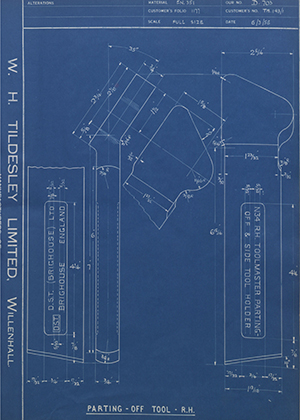 D.P Plews LTD - Denford Small Tools LTD TH143/1 Parting off Tool - RH WH Tildesley Forging Technical Drawing