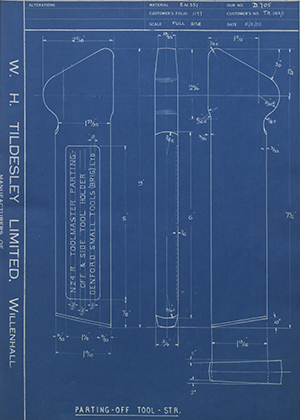 D.P Plews LTD - Denford Small Tools LTD TH145/1 Parting off Tool - Straight WH Tildesley Forging Technical Drawing