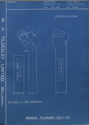 D.P Plews LTD - Denford Small Tools LTD TH150RH Drophead Tool Holder - Size 2 - RH WH Tildesley Forging Technical Drawing