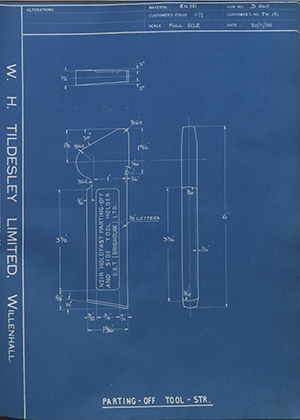 D.P Plews LTD - Denford Small Tools LTD TH151 Parting off Tool - Straight WH Tildesley Forging Technical Drawing