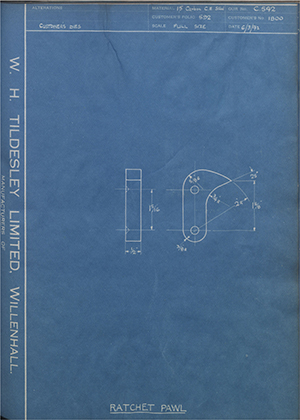 E.R.F LTD 1800 Ratchet Pawl WH Tildesley Forging Technical Drawing