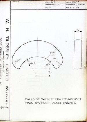 Enfield Cycle Co LTD DE5735 Balance Weight for Crankshaft Twin Cylinder Diesel Engines WH Tildesley Forging Technical Drawing