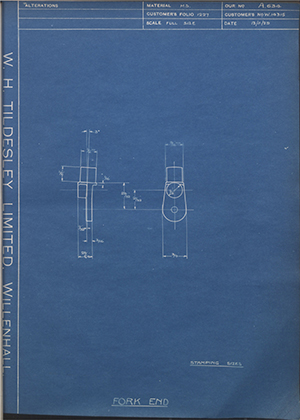 Enfield Cycle Co LTD W14315 Fork End WH Tildesley Forging Technical Drawing