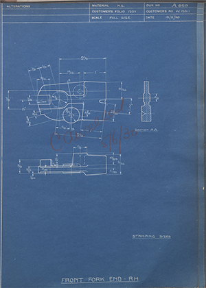 Enfield Cycle Co LTD W15211 Front Fork End - RH WH Tildesley Forging Technical Drawing