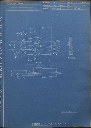 Enfield Cycle Co LTD W15211 Front Fork End - RH WH Tildesley Forging Technical Drawing