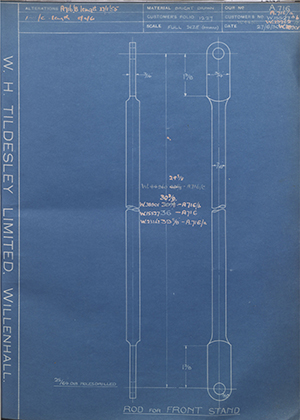 Enfield Cycle Co LTD W15527 / W25262 / W38901 Rod for Front End Stand WH Tildesley Forging Technical Drawing