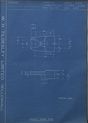 Enfield Cycle Co LTD W17200 Front Fork End WH Tildesley Forging Technical Drawing