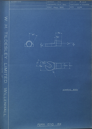 Enfield Cycle Co LTD W20393 Fork End - RH WH Tildesley Forging Technical Drawing