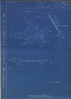 Enfield Cycle Co LTD W20925 Fork End Rear - LH WH Tildesley Forging Technical Drawing