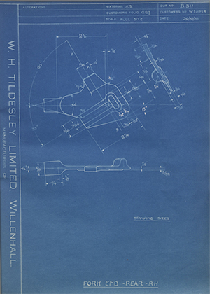 Enfield Cycle Co LTD W20926 Fork End Rear - RH WH Tildesley Forging Technical Drawing