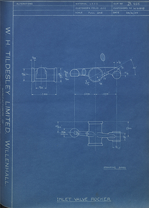 Enfield Cycle Co LTD W21852 Inlet Valve Rocker WH Tildesley Forging Technical Drawing