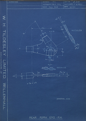 Enfield Cycle Co LTD W22314 Rear Fork End - RH WH Tildesley Forging Technical Drawing