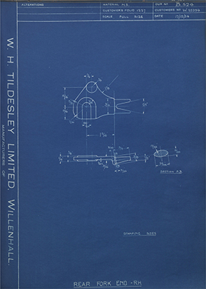 Enfield Cycle Co LTD W22324 Rear Fork End - RH WH Tildesley Forging Technical Drawing