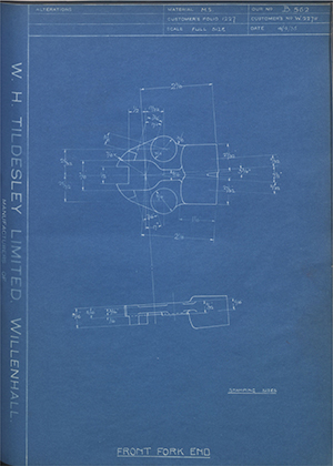 Enfield Cycle Co LTD W22711 Front Fork End WH Tildesley Forging Technical Drawing