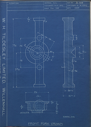 Enfield Cycle Co LTD W22817 Front Fork Crown WH Tildesley Forging Technical Drawing