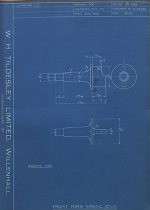 Enfield Cycle Co LTD W22838 Front Fork Spring Stud WH Tildesley Forging Technical Drawing